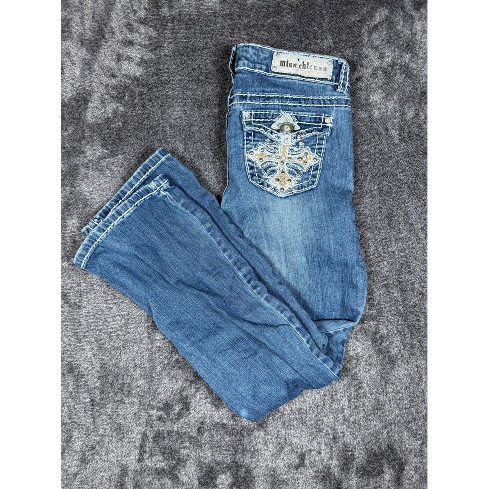 Miss Chic USA Embellished Rhinestone Cross Bootcut Jeans Blue‎ Size 0